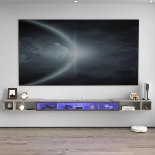 Pmnianhua Extendable Floating TV Stand with LED Lights,Retractable Floating TV Shelf,Wall Mounted TV Console,Adjustable Length 87'' to 122'' Floating Entertainment Center with Glass Door