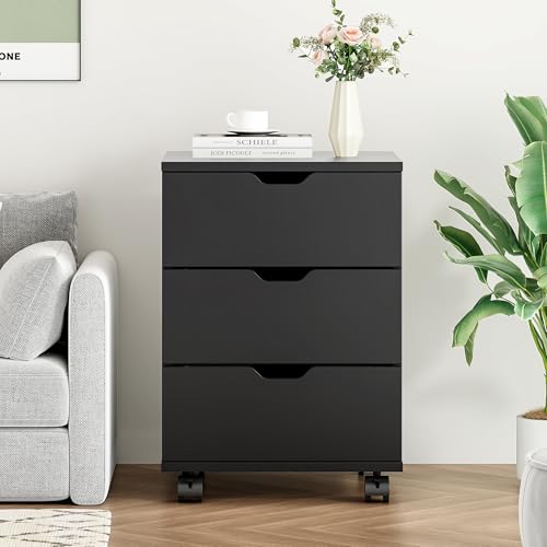 Image of Farini 3-Drawer Under Desk Wooden File Storage Cabinet with Lockable Caster for Home Office,Black,Required Assembly