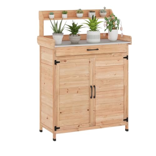 DWVO Solid Wood Outdoor Storage Box, Potting Table and Bench with Foldable Side Pallet and Galvanized Metal Tabletop, Outdoor Storage Cabinet for Patio, Garden, Porch, Balcony, Indoor, Grey