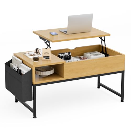 IKIFLY ローテーブル 昇降式 コーヒーテーブル 木製 テーブル リフティングテーブル 多機能 リビングテーブル 高さ調整 センターテーブル 簡単開閉 ホンムオフィステーブル 油圧昇降式 リビングルームとオフィス用 収納 在宅勤務 食事 幅90×奥行45×高さ46-59cm (ナチュラル)