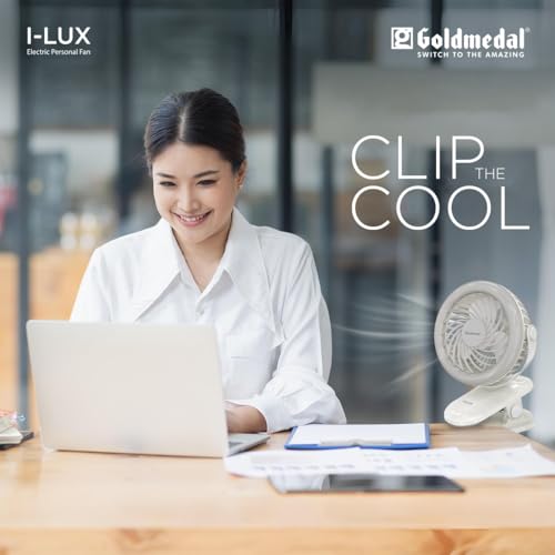 Image of Goldmedal I-Lux 100 mm Portable Desk Mounted Clip Fan| Multi-Clip Function| Type-C USB-Powered Rechargeable Battery with 6-7 Hours Backup| Bright Light | Personal Fan for Home & Office (White)