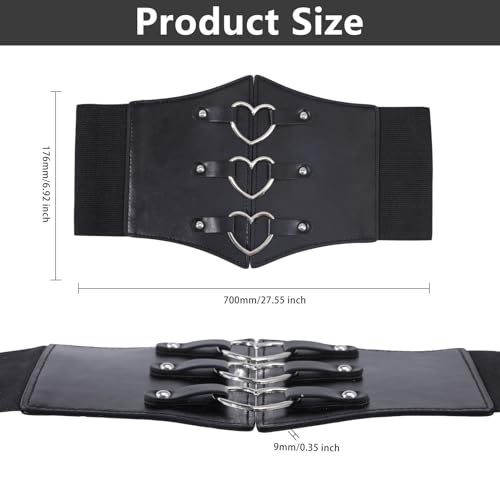 GLOBLELAND Women Corset Belt PU Leather Wide Elastic Corset Belt Waspie Corset Belts Stretchy Waist Cinch Trimmer Belt with Heart Alloy Findings for Daily Cosplay Women Lady, Standard, Black2
