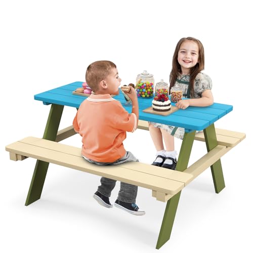 Costzon Kids Picnic Table, Acacia Wood Kids Outdoor Table with Benches, Toddler Patio Furniture Set for Backyard, Garden, Lawn, Gift for Boys Girls 3+ (Green)