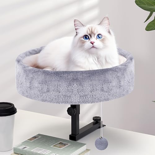 Chumajor Cat Desk Bed - 360° Rotating & Adjustable, Supports 44 lbs, Soft Faux Fur with Dual-Sided Reversible Mat, Modern Indoor Cat Nest Furniture for Office Desks and Game Tables, Island Table