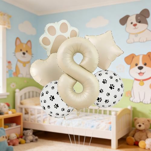 Image of 8th Birthday Dog Paw Balloons Set,18'' Paw Prints, Heart,Star,Paw Shaped Foil Balloon 40 Inch Cream Number 8 Helium balloons for Puppy Themed Third Anniversary Birthday Party Decorations Supplies 6PCS