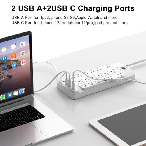 Image of 18 Outlets Surge Protector Power Strip - Teiobar 6 Feet Flat Plug Heavy Duty Extension Cord with 18 Widely Outlets and 4 USB Ports, 2100 Joules, White, ETL Listed