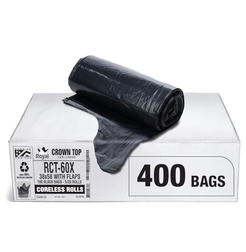 Aluf Plastics RCT-60X Star Sealed Coreless Rolls with E-Z Tie Flap Closure, 60 gal, Polyethylene, 38" x 58", Black (Pack of 400)