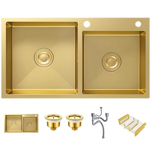 Gold Double Bowl Kitchen Sink Stainless Steel Nano-Coated Double Basin Sink 29.5X15.7 Drop-In Undermount With Gold Sink Stopper Drain Strainer