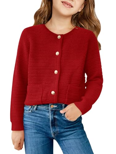 Haloumoning Mädchen Rundhals Cardigan Langarm Strickjacke Pullover Kinder Mode Leichter Strickpullover, Weinrot, 11-12 Jahre