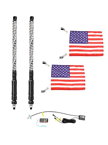 Areyourshop 2X 2ft RGB LED App Whip Lights Antenna W/Flag Remote Control Apto para Polaris UTV ATV