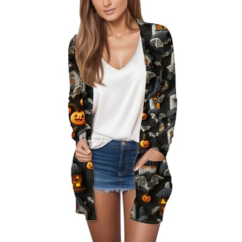 Oversized Halloween Cardigans Women Open Front Lightweight Plus Size Knit Sweater Top Long Sleeve Coat with Pockets