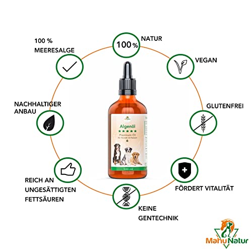 Mahu Natur 100 ml Algenöl Für Hunde - Vegane Und Nachhaltige Alternative Aus Mikropflanzen - Nachhaltige Glasflasche Mit Glaspipette