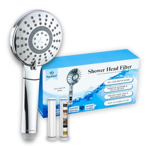 Psychone Shower Head with Filter, High Pressure 5 Spray Mode with Up to15 Stage Water Softener Filter for Hard Water-Removes Chlorine & Harmful Pollutants-Prevent Hair Loss & Moisturize Skin