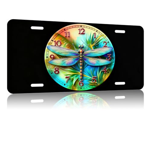 Colorful Dragonfly Clock Metal License Plate - Novelty Vanity Tag with Vibrant Dragonfly Clock Design - Decorative Auto & Wall Art for Car, Home, 6x12 Inch(4 Holes) (LVCP1019050)
