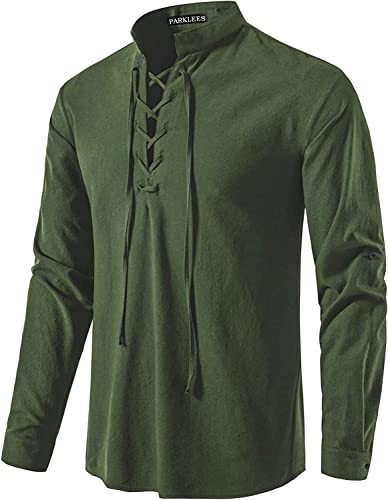 PARKLEES Herren Retro Baumwolle Freizeithemd Langarm Schnürbare Hemden Mittelalterlich Piraten Kostüm für Halloween PPPA275 Armee Grün XXL