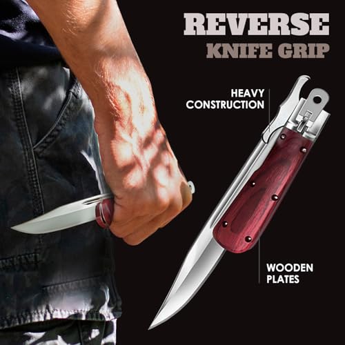 Grand Way 12.2" Retro Folding Knife with Wood Handle & Leather Sheath - 7.8" Long Foldable Sharp Blade - Large Pocket Knife for Men Camping Hunting Survival Work 12 KG