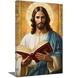 ZQQART Christlicher Jesus Leinwanddrucke Heiliger Gott hält Bibelbuch Bild Christliche Bibel Malerei Religion Spirituelles Kunstwerk Wanddekoration (blau,40x60cm)