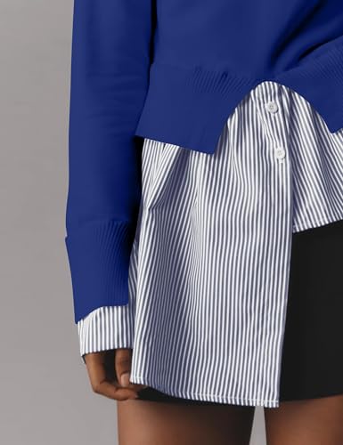 Image of Women Turtleneck Slit Patchwork Knit Pullover Sweater 2 in 1 Asymmetrical Hem Striped Button Down Shirt Tops