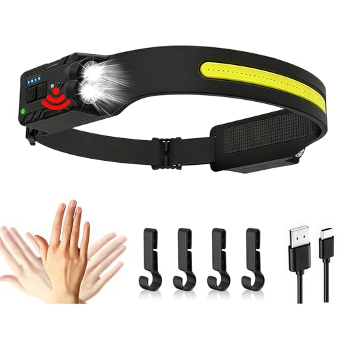 Zebbyee Lampe Frontale LED Ultra Puissante, Super Lumineux 5 Modes 230° Torche Lampe Frontale LED Rechargeable USB avec Détecteur de Mouvement IPX4 Étanche pour Aventure, Pêche, Camping, Cyclisme