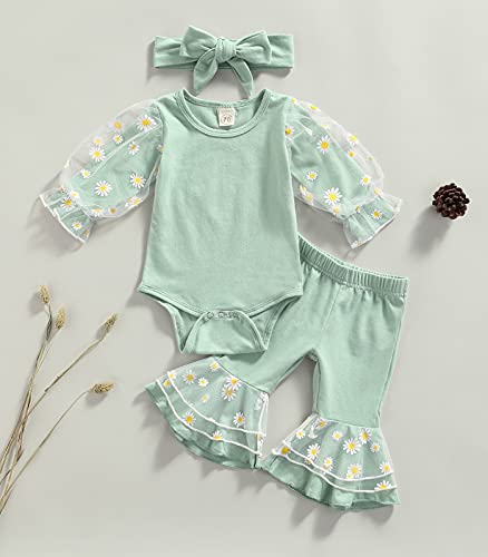 Baby Girls Bell Bottoms 3Pcs Daisy Outfits Mesh Patchwork Playsuit Flared Pants Headband (Green, 6-12 Months) #TOP1