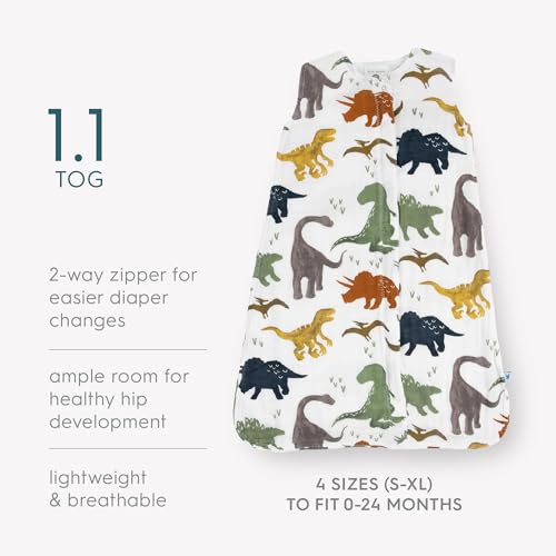 Image of Little Unicorn 0-6 Month Premium Muslin Sleep Sack 1.1 TOG | Soft & Breathable Muslin Cotton for safer sleep | 2 way zipper (Dino Friends)