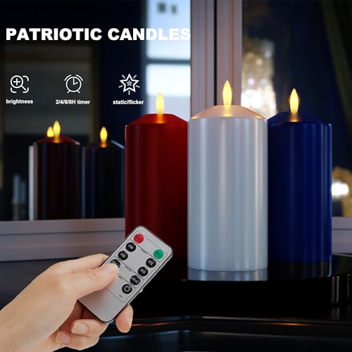 Image of Patriotic Red White and Blue Candles, Real Wax Flameless Pillar Candles with Remote, 4th of July Led Candles, Independence Day Flameless Candles for Patriotic Decor, 3 Pack (D 3 inch x H 6 inch)