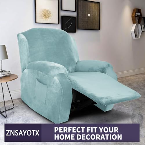 Image of ZNSAYOTX Stretch Velvet Recliner Cover 4-Pieces, Thick Soft Recliner Chair Slipcover with Pocket, Non-Slip Elastic Bottom for Kids Pets, Luxury Plush Reclining Protector Comfy Washable (Stone Blue)
