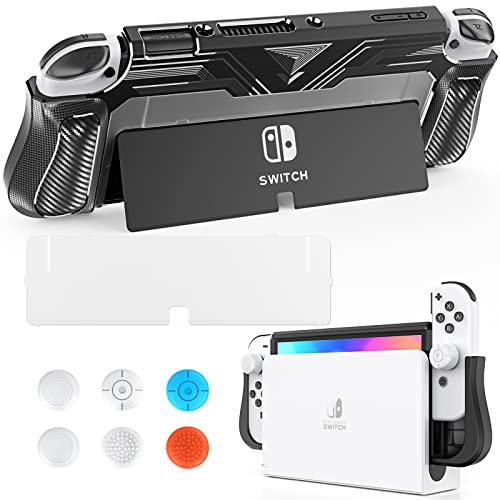 HEYSTOP Carcasa para Nintendo Switch OLED Modelo, Funda Protectora Dockable para Switch OLED con 6 Agarres para el Pulgar, Estuche para Switch OLED Modelo Anti-Choques/Arañazo, Negro Cover