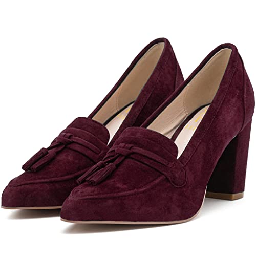 LEHOOR Women Chunky Block High Heel Suede Pumps Pointed Closed Toe Slip On Dress Loafers with Tassel 3