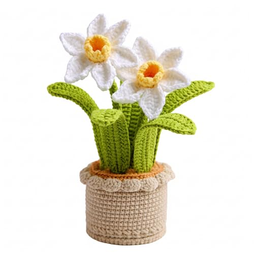 Narcisos de ganchillo regalo artesanal de flor tejida blanca con maceta de hilo 2