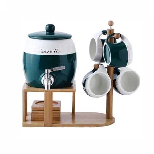 Porcelana Cerámica Crock Dispensador de Agua, Botella de Agua Blanca Fría de Zumo de Limón Resistente A Altas Temperaturas, 4 Vasos y Soporte de Madera, Grifo de Acero Inoxidable, Suministros de La Fi
