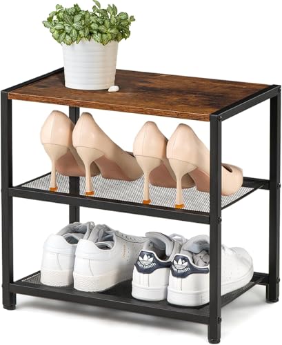 Image of Shoe Rack Wooden Shoe Shelf Storage for Entryway, Closet, Hallway, and Bedroom, Industrial Shoe Organizer with Sturdy Metal Mesh Shelves (Black)