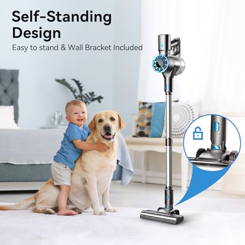 Vazone Cordless Vacuum Cleaner, Lightweight Stick Vacuum Cleaner with Self-Standing, Rechargeable Battery and LED Display, Vacuum Cleaners for Home Hardwood Floor-Blue