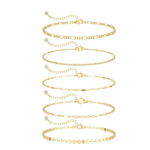 Image of DEARMAY Gold Bracelets for Women Waterproof Stackable Dainty 14K Gold Plated Rope Cuban Snake Paperclip Figaro Link Chain Pack Bracelet Adjustable Non Tarnish Fashion Accessories Jewelry Sets Gifts for Womens Mom