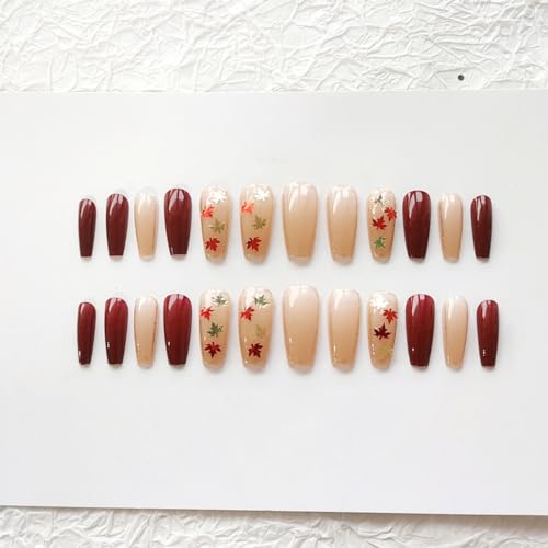 Fall Press on Nails Medium Coffin Fake Nails 24Pcs Autumn Maple Leaf False Nails Gold Red Maple Leaf Glitter Flakes Designs Full Cover Red Nails Glue on Nails for Women Girls Acrylic Nails Decorations - Image 5