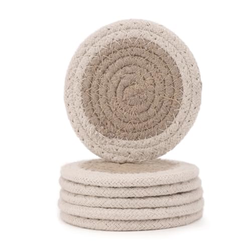 Image of Encasa XO Drink Coasters Set of 6 | Beige & Off White with Round (9 cm) | Handcrafted Ribbed Cotton | Absorbent & Heat-Resistant | Use for Tea, Coffee Table & Desk