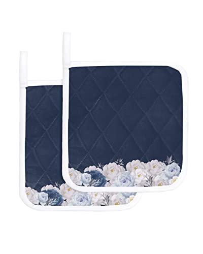 White Blue Blossom Flower 2 Pack Pot Holders Heat Insulation Hot Pads, Aesthetic Flower Washable Oven Pot Holder Set For Kitchen Dark Blue Potholders For Baking Cooking Dining Table #TOP16