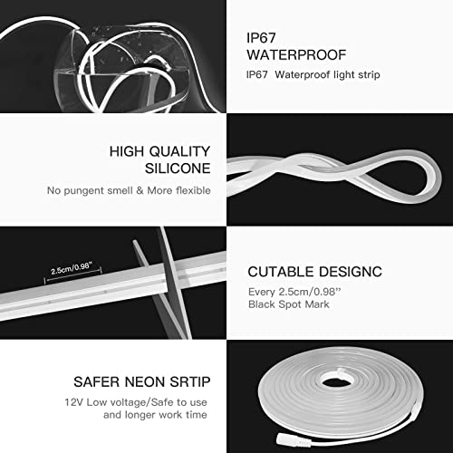 Silicone Neon Led Strip Lights, 16.4Ft Flexible Led Strip Lights, 12V Led Neon Rope Light, Ip67 Waterproof Led Strip Lights For Kitchen Bedroom Bar Car Outdoor Home Diy Decor ( No Power Adapter) #TOP2