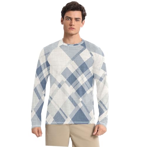 Blue Plaid UPF 50+ Long Sleeve Sun Shirt Lightweight Round Neck Rash Guard Long Sleeve Running
