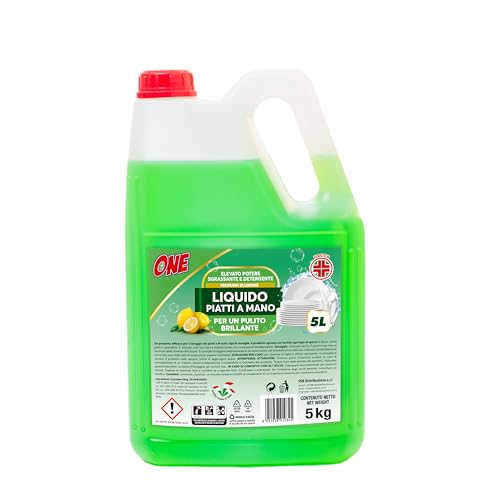 ONE - 5 Litri di DETERSIVO LIQUIDO DETERGENTE PIATTI A MANO al profumo di LIMONE - Elevanto potere sgrassante e detergente per un pulito brillante - Pulizia a basso impatto ambientale