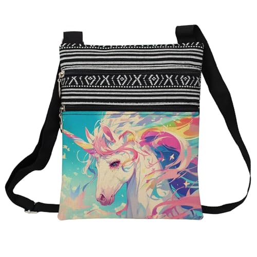Colorful Unicorn Messenger Bag Small Ethnic Pattern Printed Adjustable Strap Crossbody Zipper Bag Colorful Unicorn Phone Bag Wallet Cute Shoulder Handbag for Women