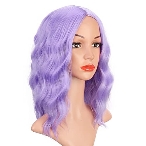 Earfodo Lavender Purple Wig Short Curly Wavy Bob Wig Shoulder Length Colorful Light Purple Wigs For Women Synthetic Halloween Cosplay Wig For Girl Costume Wigs 14 Inch #TOP1