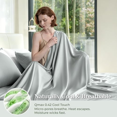 Image of BEDELITE Bamboo Viscose Sheet Set, Queen Size, 4 Pieces, Grey | 100% Organically Grown, 18 Inch Deep Pocket, All Round Elastic & Corner Straps, Luxury Silky Cooling Sheets for Hot Sleepers