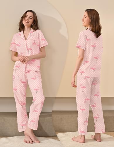 Image of NAP BOUND 100% Cotton Women's Pajama Sets Short Sleeve Button Down Soft Pjs 2 Piece Lounge Set with Pocket Nightwear XS-XXL