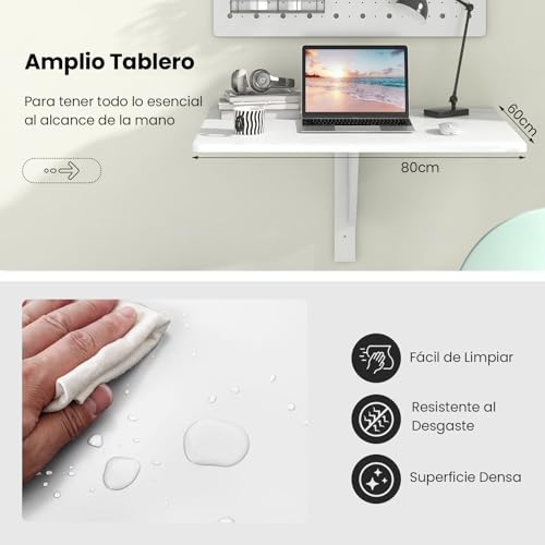 GYMAX Mesa Plegable de Pared de 80 x 60 cm, Carga 20 kg, Escritorio Plegable Pared Pino para Ahorrar pequeños Espacios, Mesa Comedor para Comedor, Habitación, Estudio (Blanco) - imagen 6