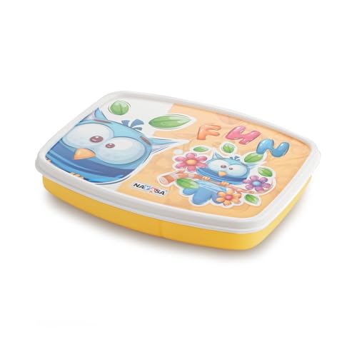Image of Nayasa Witty Deluxe Mini 2 Compartment Lunchbox | BPA Free and Food Grade Plastic Tiffin | Owl Print | 450 ML | Yellow