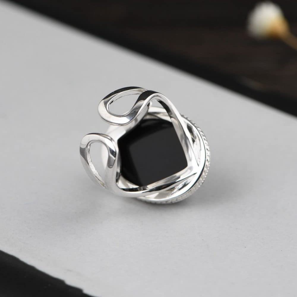 Anello in Argento 925 da Donna,Anelli Regolabili da Donna in Argento Sterling 925 Rotondi con Onice Nero Anelli Regolabili Sfaccettati retrò Vecchia Moda Fascino Energetico Gioielli da Sposa