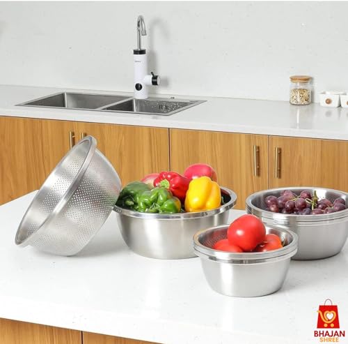 Image of 2 Pcs Stainless Steel Colander Bowl Set, Drainer Basket Basin for Washing Vegetables, Fruit Microporous Set Kitchen Strainer Vegetables Fruit, Salad, Rice, Pasta-Mixing Bowls Heavy Duty