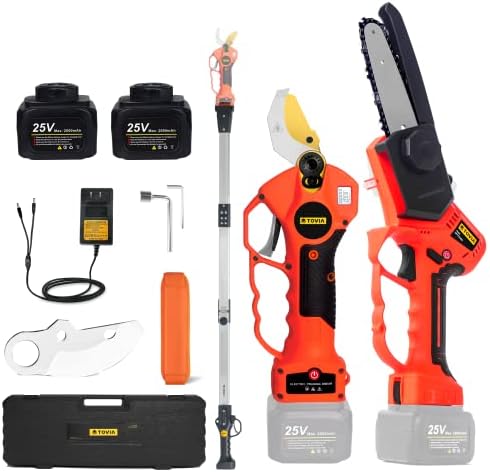 Cordless Pruning Shears, Electric Pruner with 7.5 Foot High Reach Extension Pole, Tool Belt, 2 Pack Lithium Batteries, SK5 Blades, LCD Display Screen (25V Shears & Chainsaw)