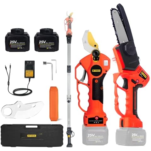 Cordless Pruning Shears, Electric Pruner with 7.5 Foot High Reach Extension Pole, Tool Belt, 2 Pack Lithium Batteries, SK5 Blades, LCD Display Screen (25V Shears & Chainsaw) Cover